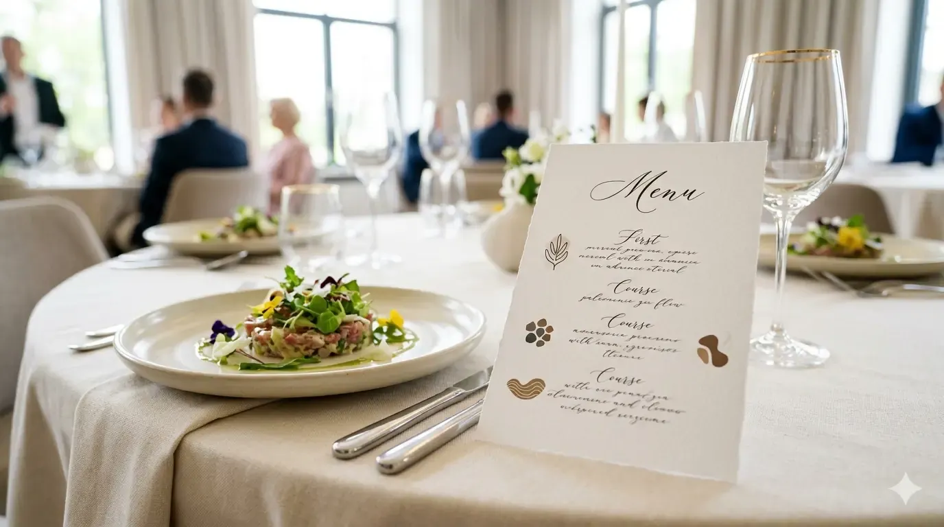Eleganckie menu weselne z informacjami o dietach